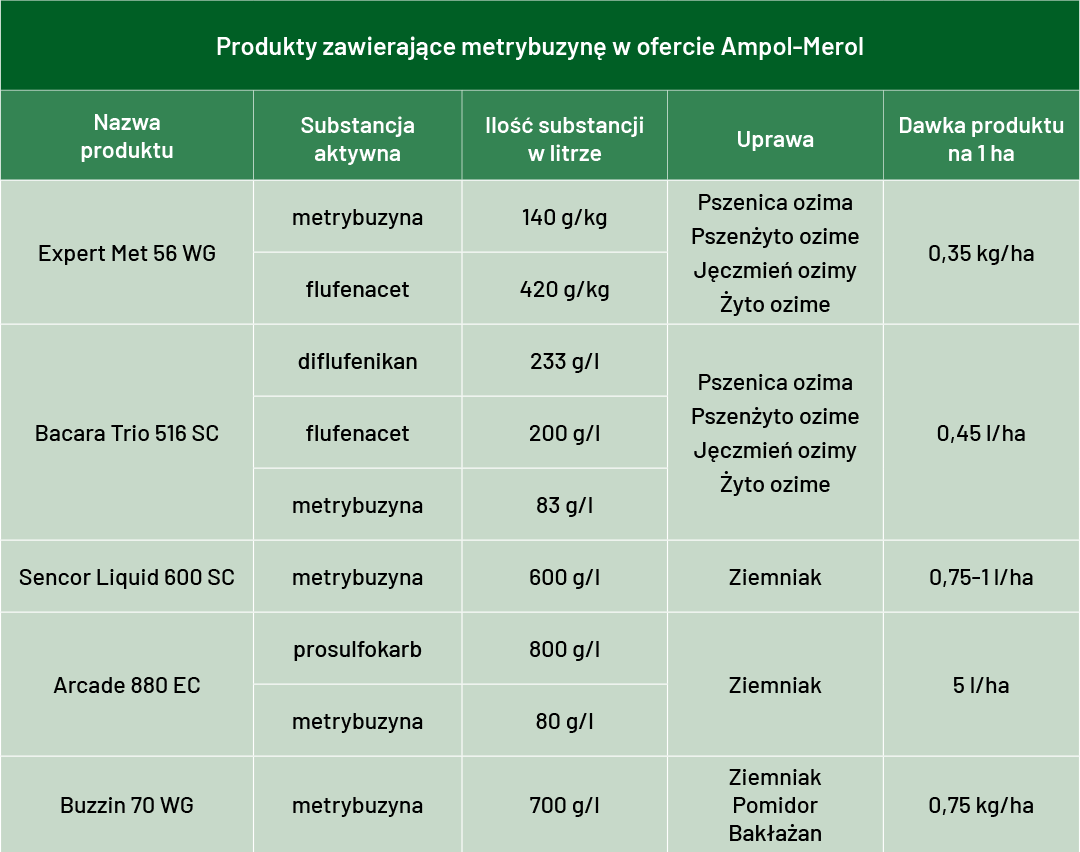 Tabela z produktami na bazie metrybuzyny